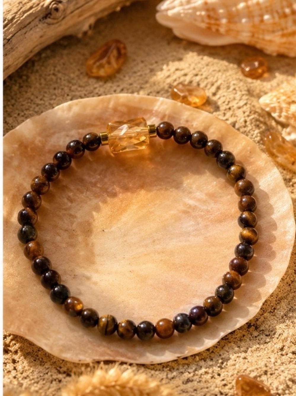 Tiger Eye Stone Bracelet with Amber Accent - 4mm - 6 inch